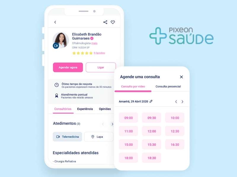 Facilidade para agendar consultas com o Pixeon + saúde.